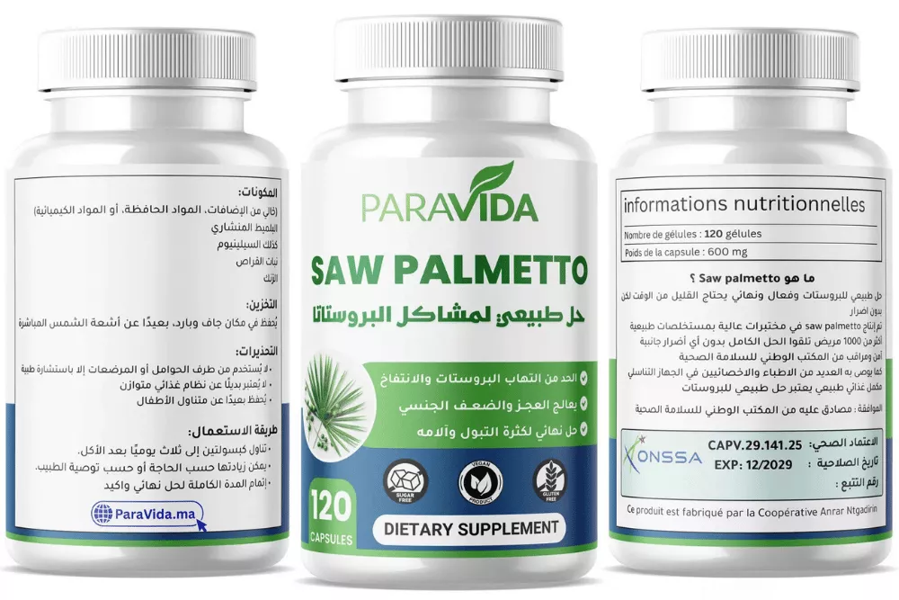 تفاصيل عبوة Saw Palmetto ParaVida لدعم صحة البروستاتا من الأمام والخلف